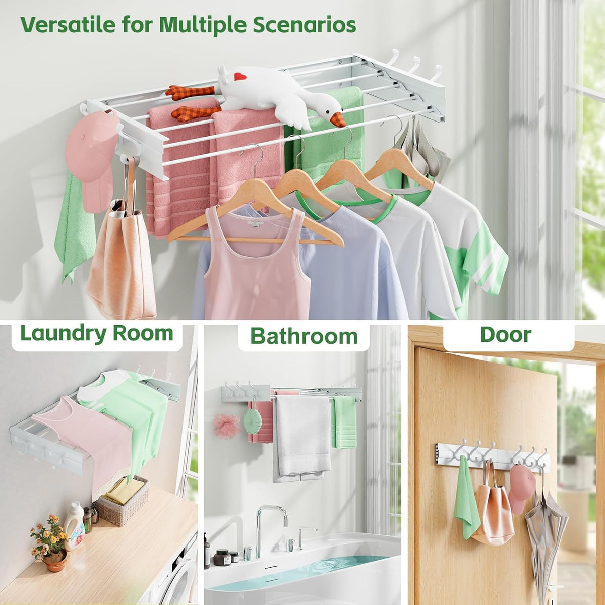 Wall Mounted Drying Rack 31.5", Foldable Clothes Drying Rack with 6 Towel Hooks and 5 Rods for Hanging Clothes, Space Saving Laundry Rack for Indoor Outdoor Bathroom Balcony Laundry Room(31.5")