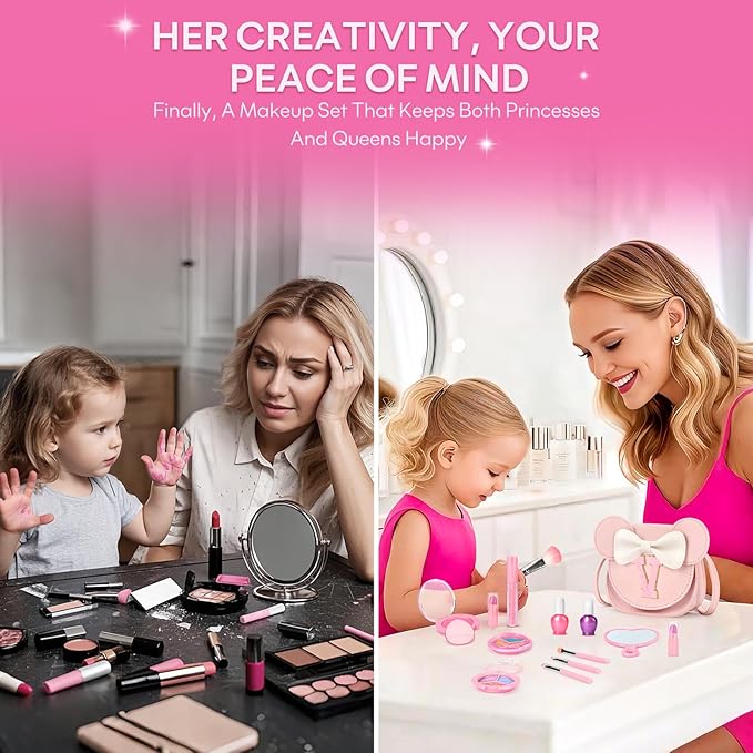 Kids Makeup Kit for Girls - 15 Pcs Real Washable Make Up Set - Non Toxic Toddlers Cosmetic with Letter Mouse Ear Purse - Dress up Birthday Gifts for 3 4 5 6 7 8 Years Old Girls - V