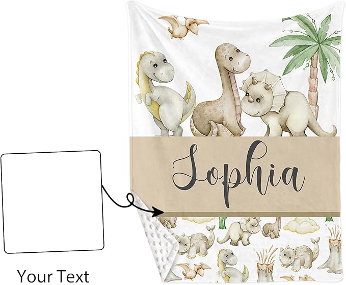 Personalized Baby Crib Bedding Set, 5-Piece Cute Dinosaur Baby Crib Sets with Custom Name, Toddler Double Layer Blanket Fitted Sheets Changing Pad Cover Rug Wall Art Set, Charming Nursery Decor