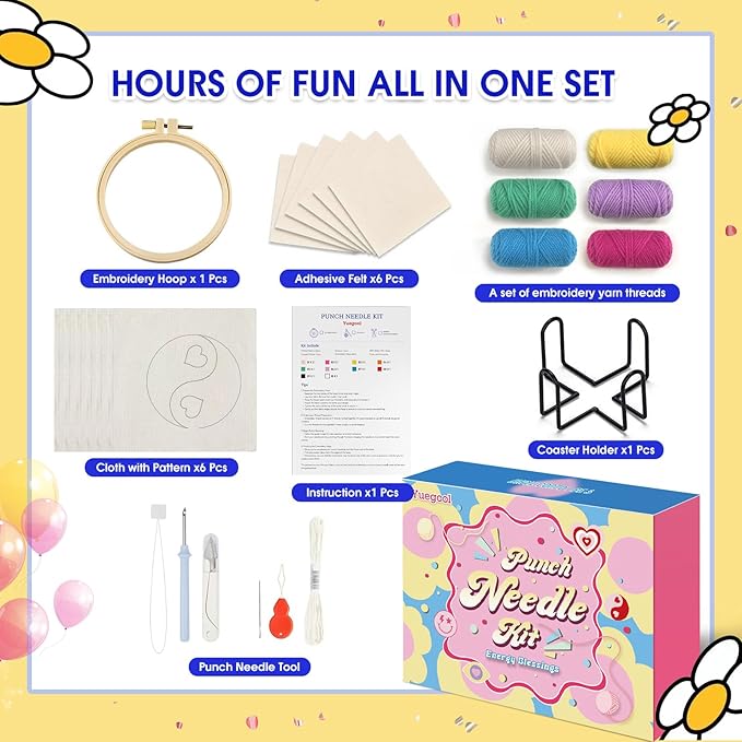 yuegool 6PCS Energy Punch Needle Coasters Kit,Easy DIY Punch Needle Embroidery Kit for Beginners Adults Kids Including Patterns, Tools, Yarns, Hoop, Instruction, Coaster Holder Art Craft Supplies