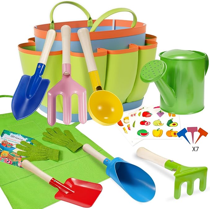 Kids Gardening Set 14Pcs Gardening Tools for Kids with Tote Bag,Watering Can, Shovel, Apron, Garden Book and More Educational STEM Learning Outdoor for Toddlers Boys Girls (Green)