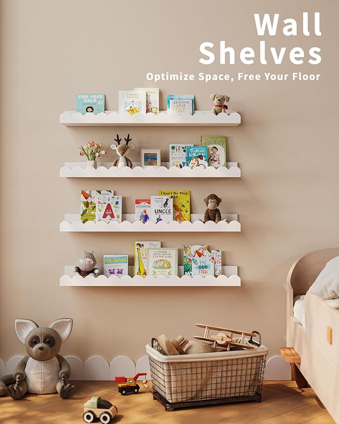 Nursery Book Shelves, 4-Pack White Floating Shelves for Wall Kids, Scalloped Shelves, Wall Book Shelves for Bedroom Kids, Toddler Room, Baby Room, Nursery Decor