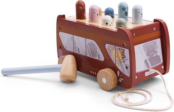 Speedy Monkey Bus Pounding Bench, Pull-Along Bus with Hammering Activity, 8 Wooden Characters, Enhances Hand-Eye Coordination, Safe Design, Non-Toxic Paint, Educational Toy for Kids 2-5 Years