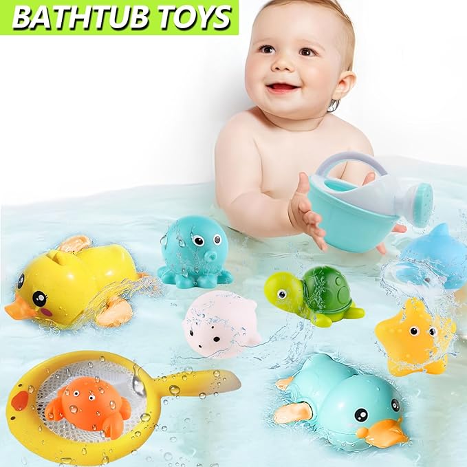 Bath Toys for Babies 6-12 Months+, Wind-up Ducks Bath Toys for Kids Ages 1-3, No Hole Ocean Animal Floating Pool Toys, Watering Can Fishing Net Water Toys for Toddlers