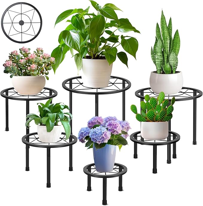 6 Pack Metal Plant Stands, Heavy Duty Plant Stand for Indoor Outdoor, Anti-Rust Iron Flower Pot Stands Outdoor Plant Holder, Potted Plant Shelf for Living Room Balcony Garden Patio, Black