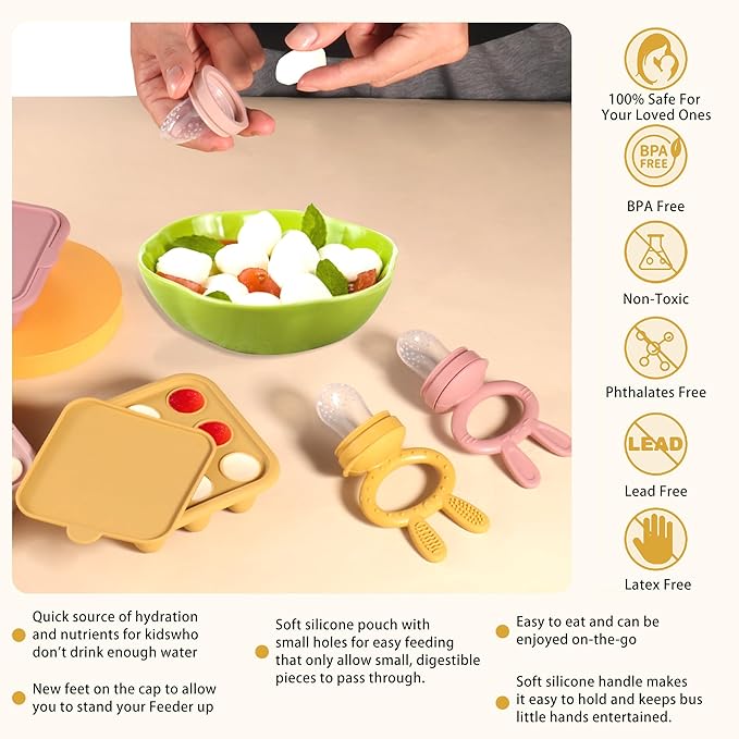 WAJIAYON Baby Breastmilk Popsicle Molds & Baby Fruit Feeder (2 Pack), Baby Food Freezer Tray Storage Containers, Silicone Teething Pacifier Feeder and Teether for Babies,Baby Feeder - Yellow