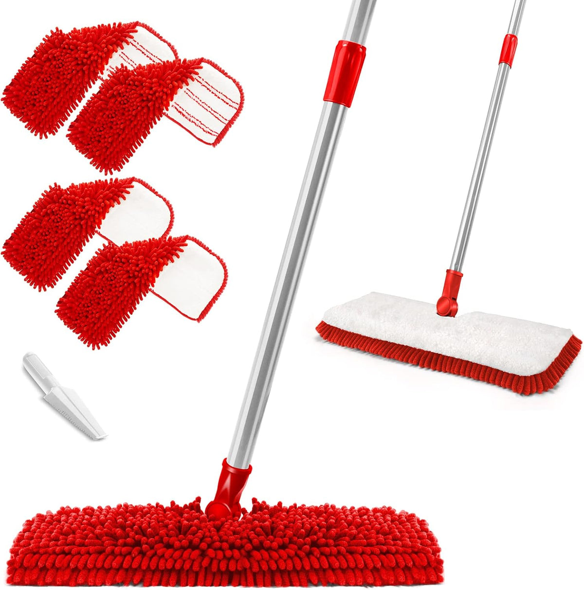 MASTERTOP Microfiber Mop for Floor Cleaning, Hardwood Dust Mop, Wet Mopping with 4 Washable Replacement Mop Pads, Floor Mops for Cleaning with 1 Scraper- White & Red