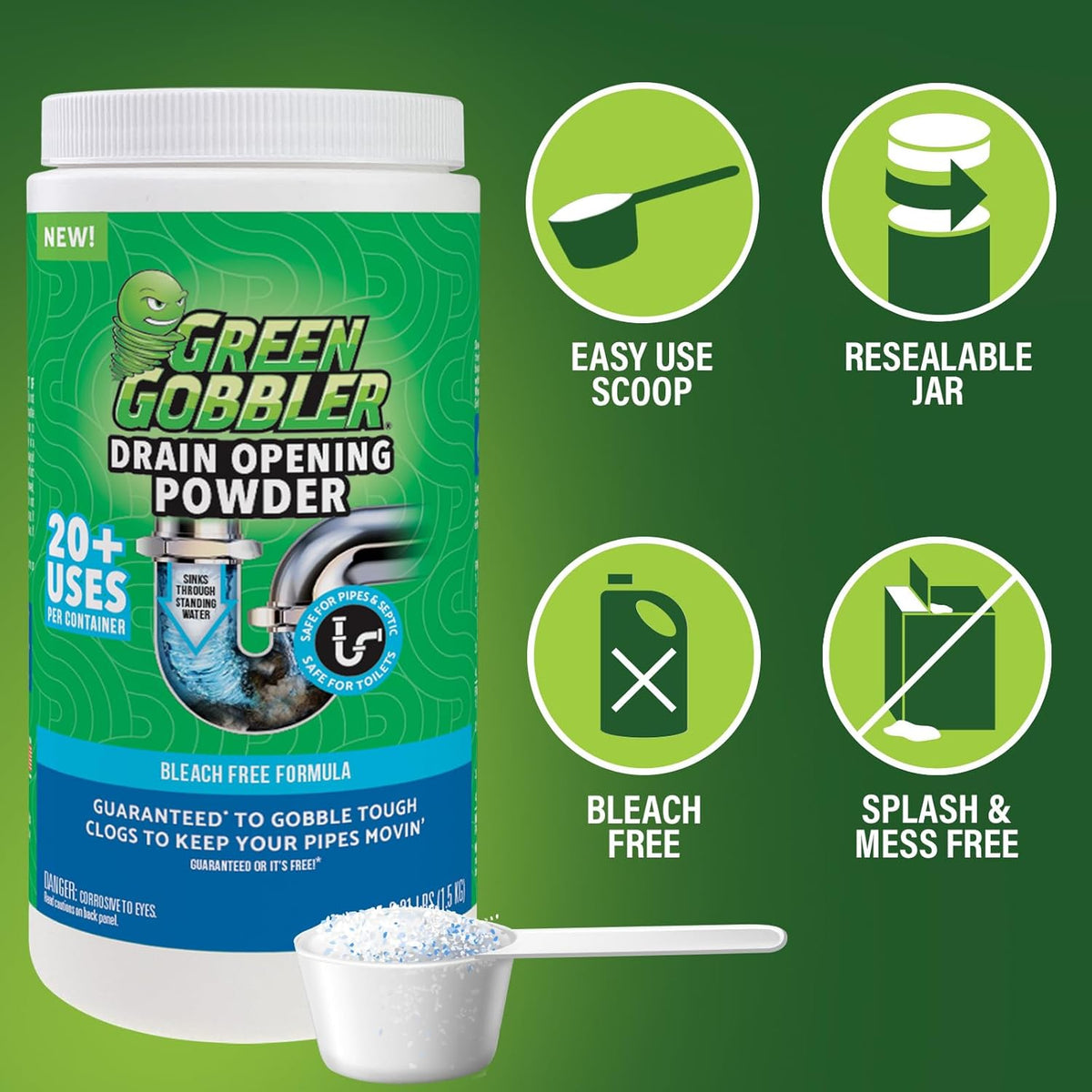 Green Gobbler Drain Clog Remover & Drain Cleaner Powder, 20+ Treatments, Maintenance Breaks Down Grease, Paper, Fat & Oil, Septic Safe