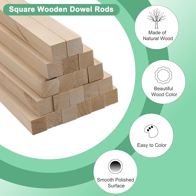 10-Pack Wood Square Dowel Rods, 19/32 x 12 Inch Unfinished Wooden Square Dowel Rod, Hardwood Square Dowel Sticks for Crafts/DIY Projects/Models Making [Wood Color]