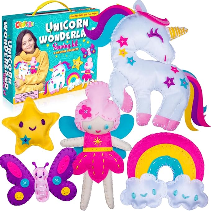 CRAFTSBEE Magical Unicorn Sewing Kit for Girls 7+ - Create 5 Adorable Felt Animals & a Cozy Pillow - Fun, Easy, and Educational DIY Craft