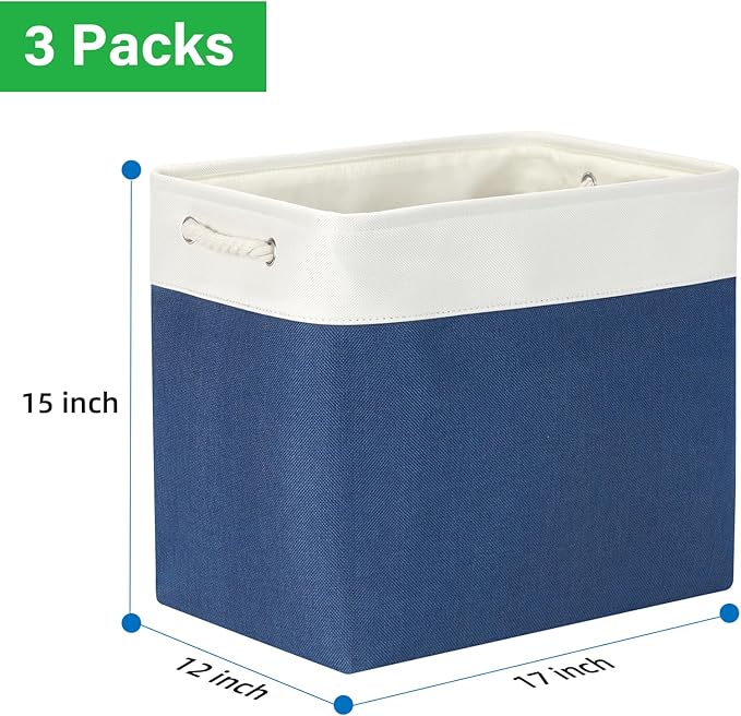 Bidtakay Extra Large Storage Baskets for Shelves 3 Pack Fabric Storage Bins for Organizing Linen Collapsible Organizer for Closet-White&Blue