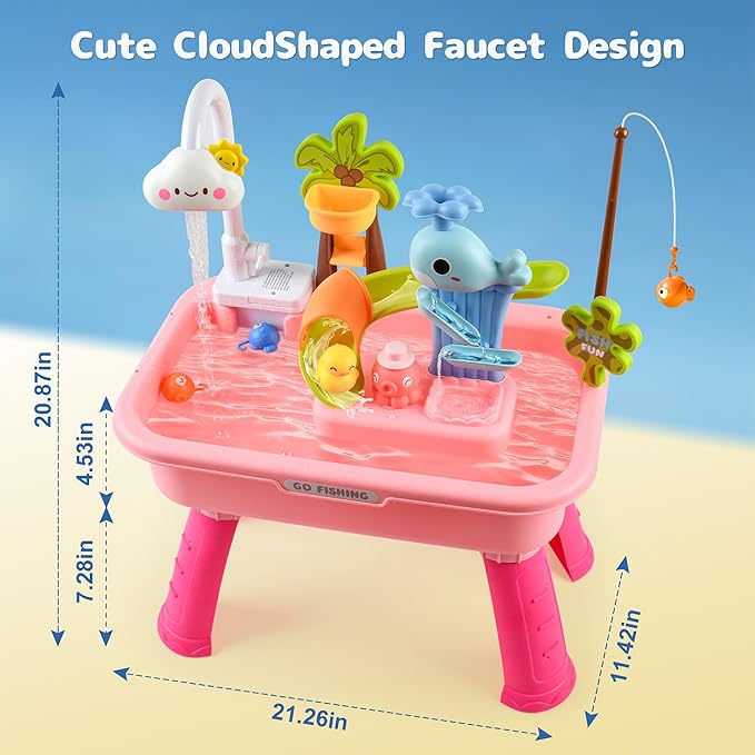 2026 Upgraded Toddler Sand Water Table Toy with Electric Water Pump, Kids Sand Water with Faucet/Play Food Accessories/Fishing Toy, Kitchen Play Sink Toys for Girl Boy Age 3+ (Pink)