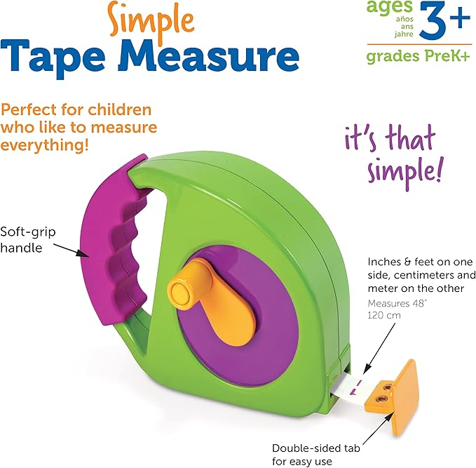 Learning Resources Simple Tape Measure, Ages 3+, Retractable Toy Tape Measure, Measures 4 Feet, Construction Toy for Kids,Back to School