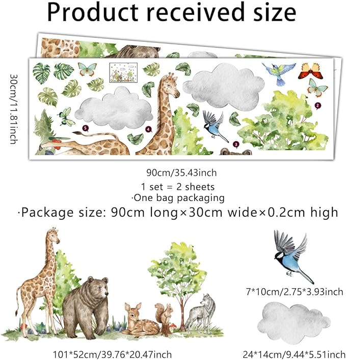 Watercolor Jungle Animal Wall Decals - Tiger, Elephant, Giraffe, Zebra, Lion,Monkey- Forest Wall Decal for Baby's Room, Playroom, Bedroom, Classroom, Kindergarten Decor