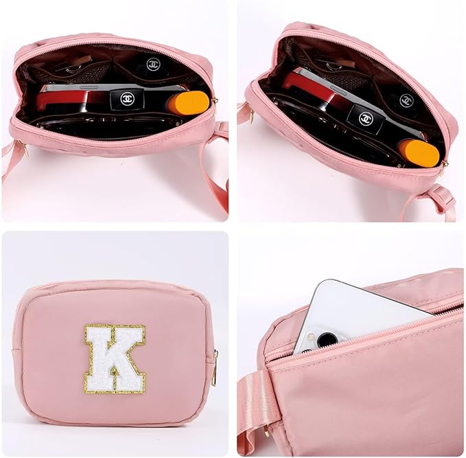 YOOLIFE Gifts for Girls - Initial Belt Bag, Pink Letter Monogrammed Crossbody Bag