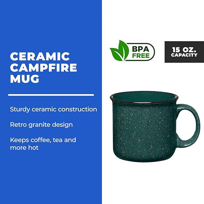 Set of 16 Ceramic Campfire Mugs – 15 Oz, Green – Coffee & Tea Cups for Home, Work, Travel, Camping – Customizable, Great for DIY, Events, Companies