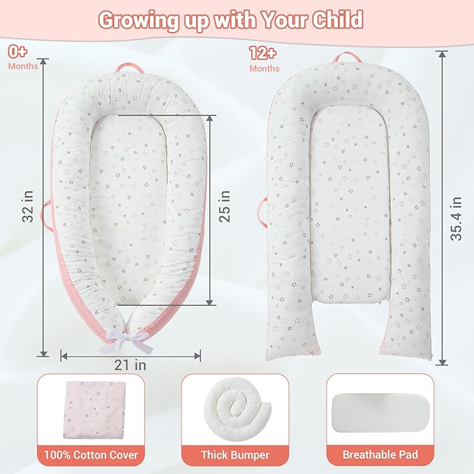 JOLLITO Baby Lounger for Newborn, Breathable Soft Baby for Baby 0-24 Months,Baby Play Mat, Portable Infant Lounger Baby Floor Seat for Home and Travel,Babies Essentials Gifts