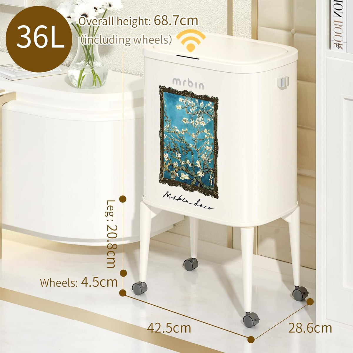 MRBIN Metal Kitchen Trash Can with Wheel Legs, 36L / 9.5gal Medium Press Lid Slim Removable Waste Basket, Pet Proof Tall Narrow Garbage Pail for Vanity, Bedroom, Bathroom, Living Room, Almond Blossom