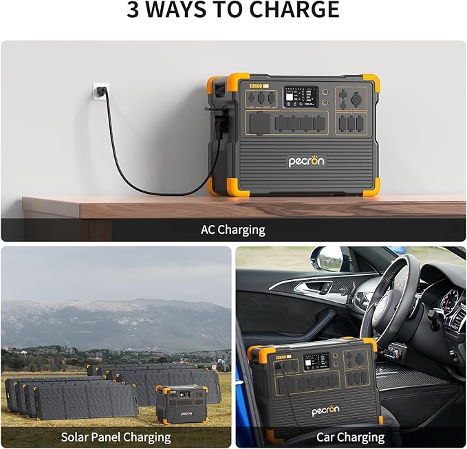 PECRON Two E3600LFP Portable Power Station with 240V Double Voltage Hub, 3072Wh Solar Generator with 8x300W Solar Panels included, 3600W LiFePO7 Battery Backup for Home Use, RV, Camping