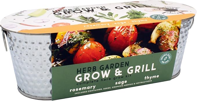 BUZZY Seeds Rosemary, Dill, and Thyme Grow & Grill Herb Kit, Indoor Seed Starter with Decorative Hammered Metal Windowsill Planter and Growing Medium - Easy Gardening Gift for Cooks & Beginners