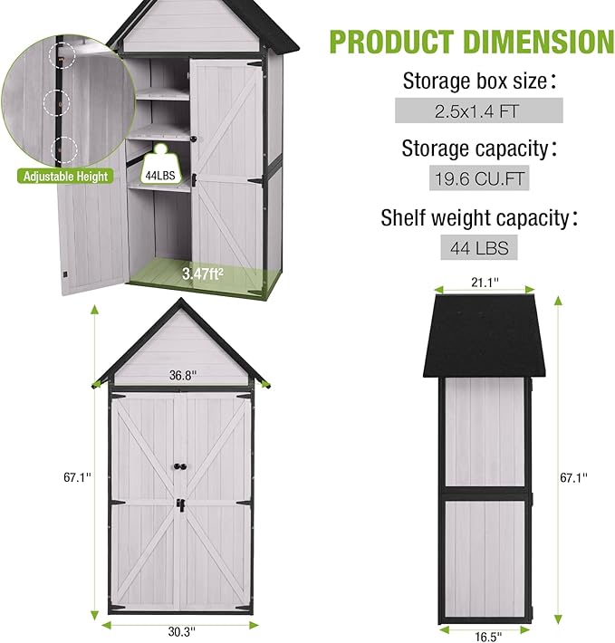 GUTINNEEN Shed Outdoor Storage Upgraded with Durable Metal Frame Garden Shed Tool Storage Cabinet with Wooden Floor Adjustable Shelfs 2.5 x 1.4FT （Off-White）
