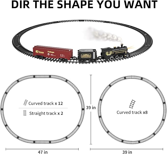 TEMI Steam Train Toy Set for Boys 3 4 5 6 7 Years, with Sounds & Light, Electric Classical Engine Locomotive for Kids, Rechargeable Model Train Kit for Christmas Tree, Cargo Car Railway Tracks