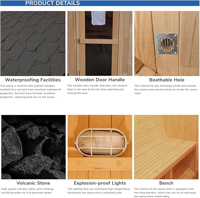 ZONEMEL Indoor and Outdoor Barrel Sauna Room with Asphalt Shingle Roof, Canadian Hemlock Wood Steam Sauna with 6KW ETL Certified TOULE Heater, 8mm Tempered Glass, Rocks, Bucket (Hemlock, 8 Person)