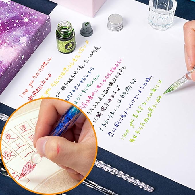 AXEARTE Glass Dip Calligraphy Pen Set, 18-Pieces 14 Color Inks, Pen Holder, Cleaning Cup, 2 Crystal Glass Pens for Art, Writing, Drawing, Signatures, Gift for Kids and Artist