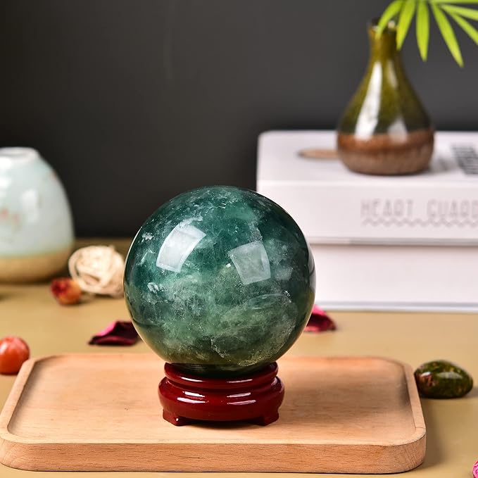 JIC Gem Big Green Quartz Crystal Ball Green Fluorite Healing Gemstone Sphere with Decorative Wooden Stand for Meditation,Home Decoration (80-90mm)