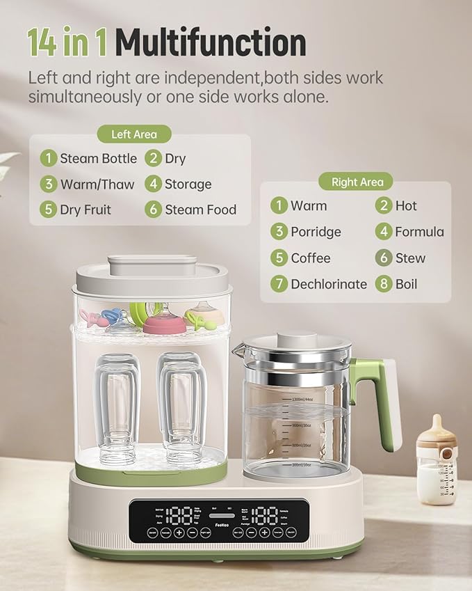 Feekaa Multifunctional Baby Bottle Warmer, Steamer and Dryer, 44oz Baby Formula Kettle Combo, Bottle Warmer for Breastmilk with Temperature Control, Water Warmer for Baby Formula, Electric Milk Warmer