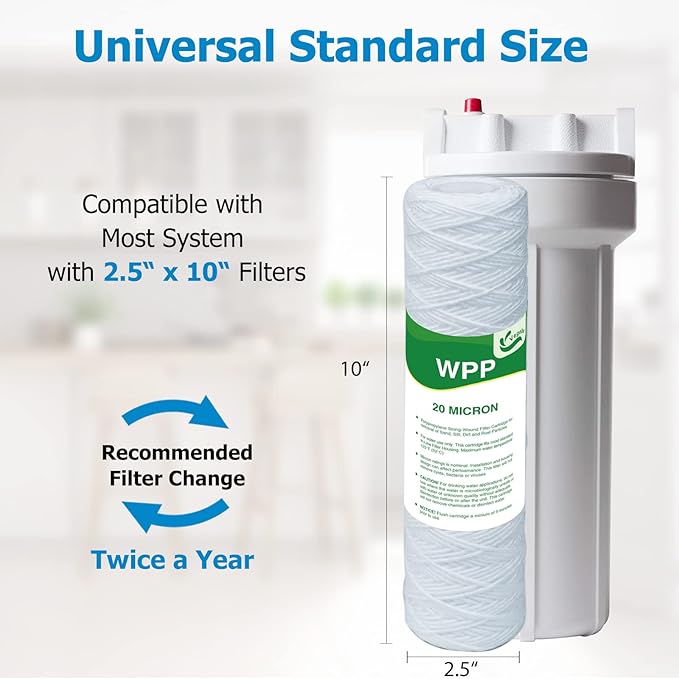 20 Micron String Wound Whole House Water Filter 10" x 2.5", 10-inch Universal Sediment Pre-Filters for Well Water, Replacement Cartridge for FXWSC, CW-F, CW-MF, 1SS, W5W, AO-WH-PRE-R2, 6-Pack
