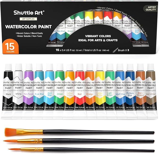 Shuttle Art Watercolor Paint Set, 15 Colors Watercolor Paint in Tubes (12ml Each) with 3 Brushes, Rich Pigments, Easy to Blend, Perfect for Kids, Artists, Beginners, Students