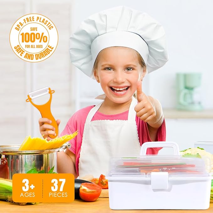 Kids Cooking Sets Real, Kids Cooking and Baking Gift Set with Storage Case Timer Kid Safe Knives Cutting Board, Toddler Real Kitchen Accessories, Birthday Gifts for Girls Boys Age 4 - 8