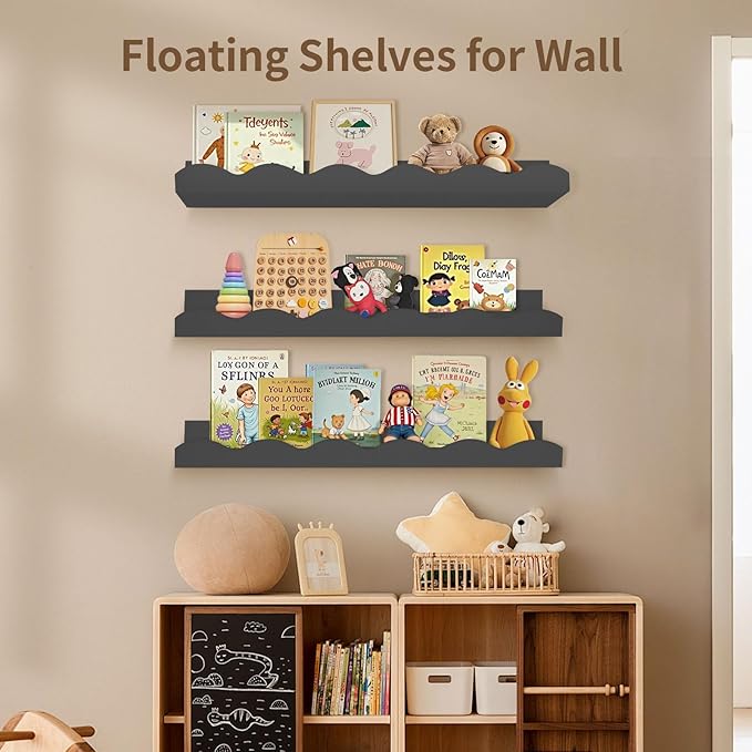 Nursery Book Shelves, 4 Pack Black Floating Shelves for Wall, Wood Scalloped Shelves for Storage Books, Wall Book Shelf for Kids Rooms, Bedroom, Toddler Room, Baby Room, Nursery Decor