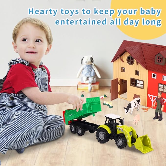 Farm Animals Figurines Toys -140 pcs Toy Set Barn Toy Horse Stable Tractor Trailer Windmill Farmer Fence Playset for Kids Toddlers Boy Girl 3-7 Years Old