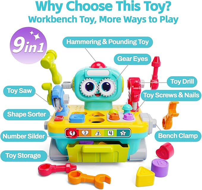 iPlay, iLearn Toddler Musical Workbench Toys for One Year Old Boys, Baby Pretend Play Tool Set, Infant Shape Sorter Activities, Kids Pounding Game, 1st Birthday Gift for 12 18 24 Month Girls Age 1 2 3