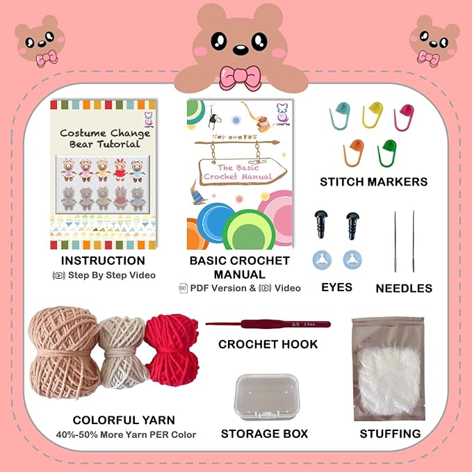 LoopMap Crochet Kit for Beginners - DIY Amigurumi Bear with Removable Dress & Accessories - Step-by-Step Video Tutorials, Extra Yarn, Crochet Tools, Handmade Gift for Kids & Adults (Bear K01, red)