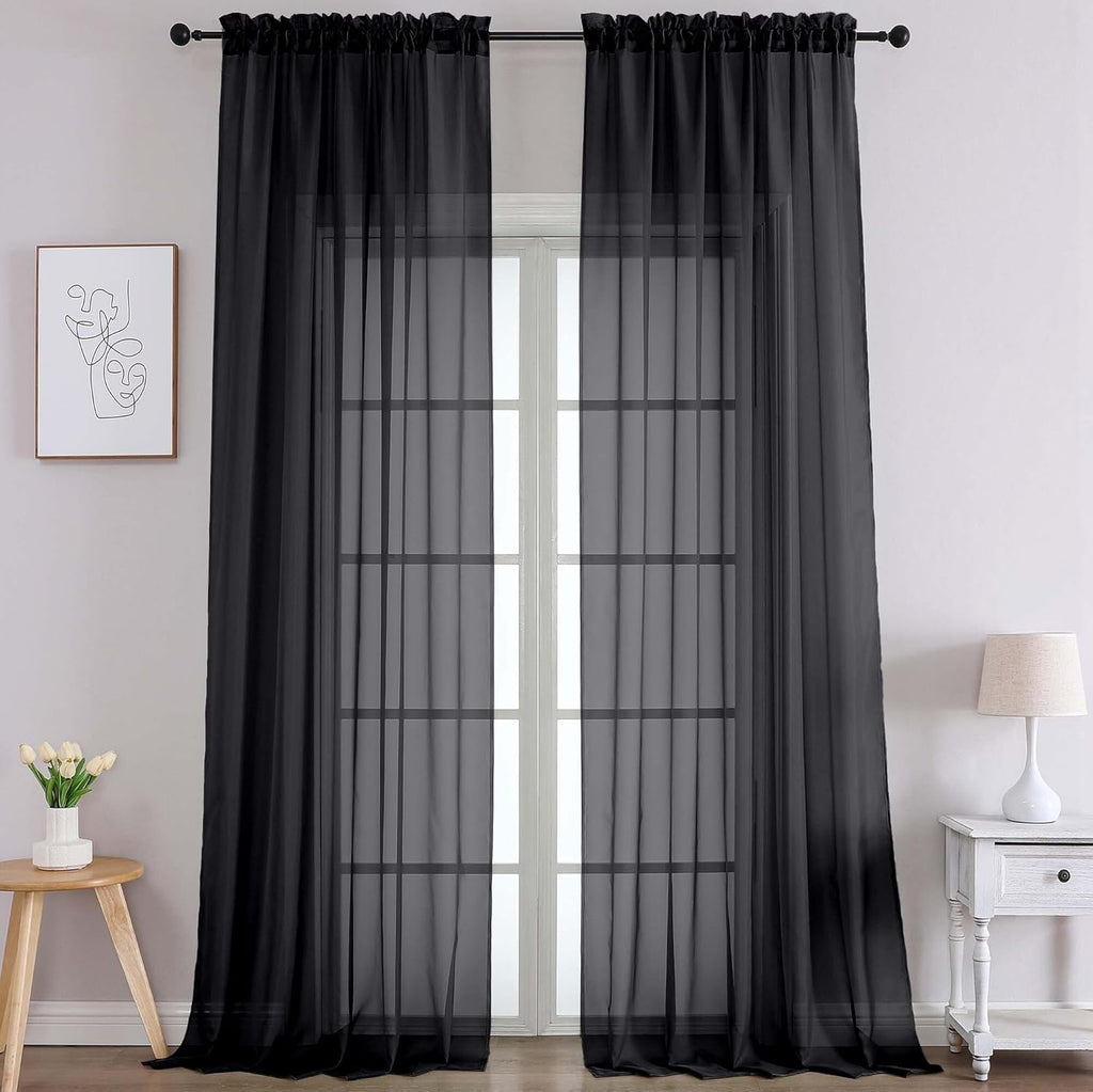 Chyhomenyc Extra Long Black Sheer Curtains 120 Inches Long 2 Panels, Light Filtering Black Curtains for Living Room, Soft Gentle Voile Rod Pocket Bedroom Window Drapes, 59Wx120L Inch, 10FT, 2PCS