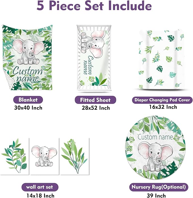 Personalized Baby Crib Bedding Set, Green Elephant Design Custom Name Baby Crib Sets 5-Pcs, Toddler Double Layer Blanket Fitted Sheets Changing Pad Cover Rug Wall Art Set, Charming Nursery Decor