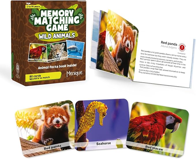 Menique Wild Animals Memory Matching Game – 80 Cards (40 Pairs) with Real Photos – Includes Educational Booklet with Animal Facts – Fun & Cognitive Game for Kids and Adults