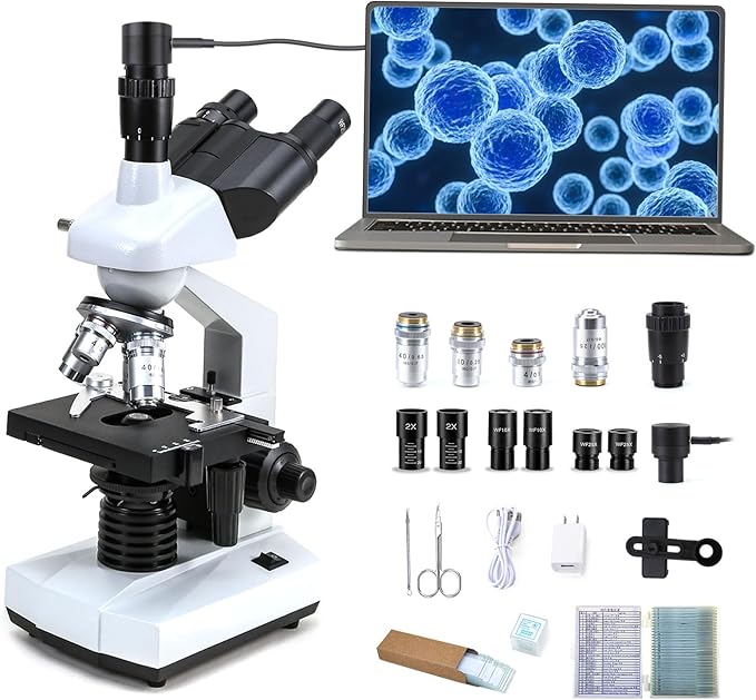 40X-5000X Compound trinocular Microscopes trinocular for Adults, with 5.0 mp Camera with Microscope Slides 30p, Microscope Accessories, Microscopes for School Laboratory Home Education Abbe Condenser