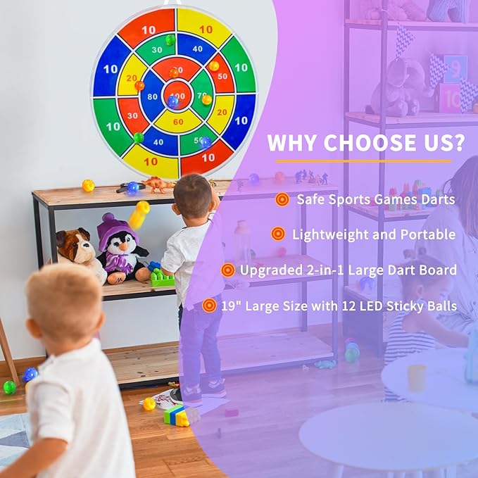 2 in 1 29" Large LED Dart Board for Kids 8-12 Games with 12 LED Sticky Balls, Indoor & Outdoor Games for Kids 8-12, APP Control Board Games for Kids