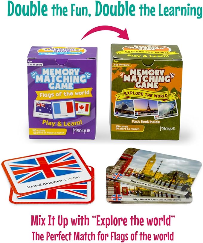 Menique Flags of The World Memory Matching Game – 100 Cards, 50 Countries to Match – Educational & Fun for Kids and Adults – Color-Coded by Continent – Learn Flags, Capitals, and Geography