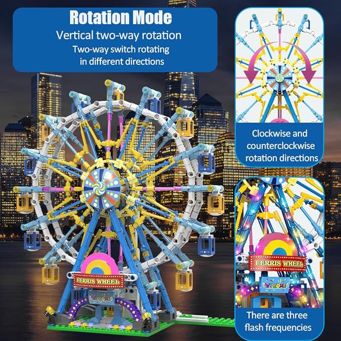 Upgrade Rotating Ferris Wheel Building Blocks Set Toys for Kids with Light Carnival Amusement Park Construction Kits Birthday Halloween for Boys Girls（813pcs）