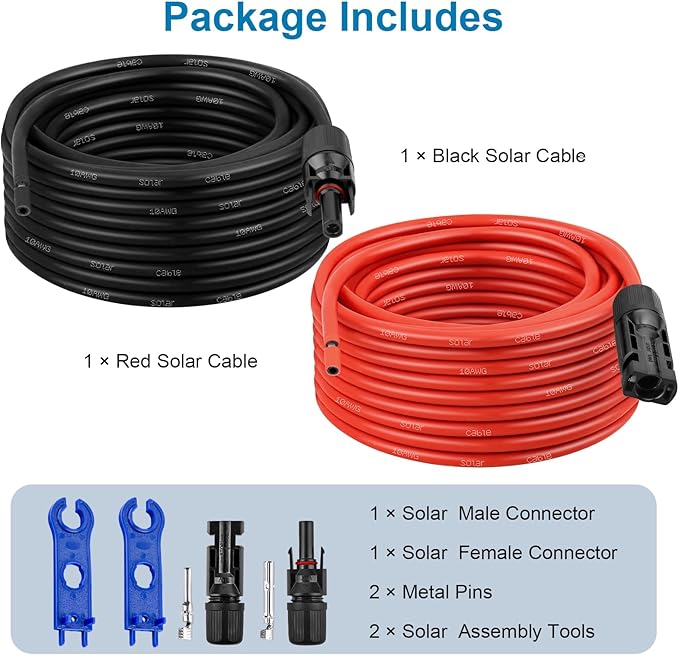 XRDS -RF Solar Extension Cable 10AWG, 10FT Red & Black Solar Panel Wire with Solar Connectors, PV Wire with Disconnect Wrenches & Extra Male/Female Connectors for RV, Camper, Inverter, Off-Grid System