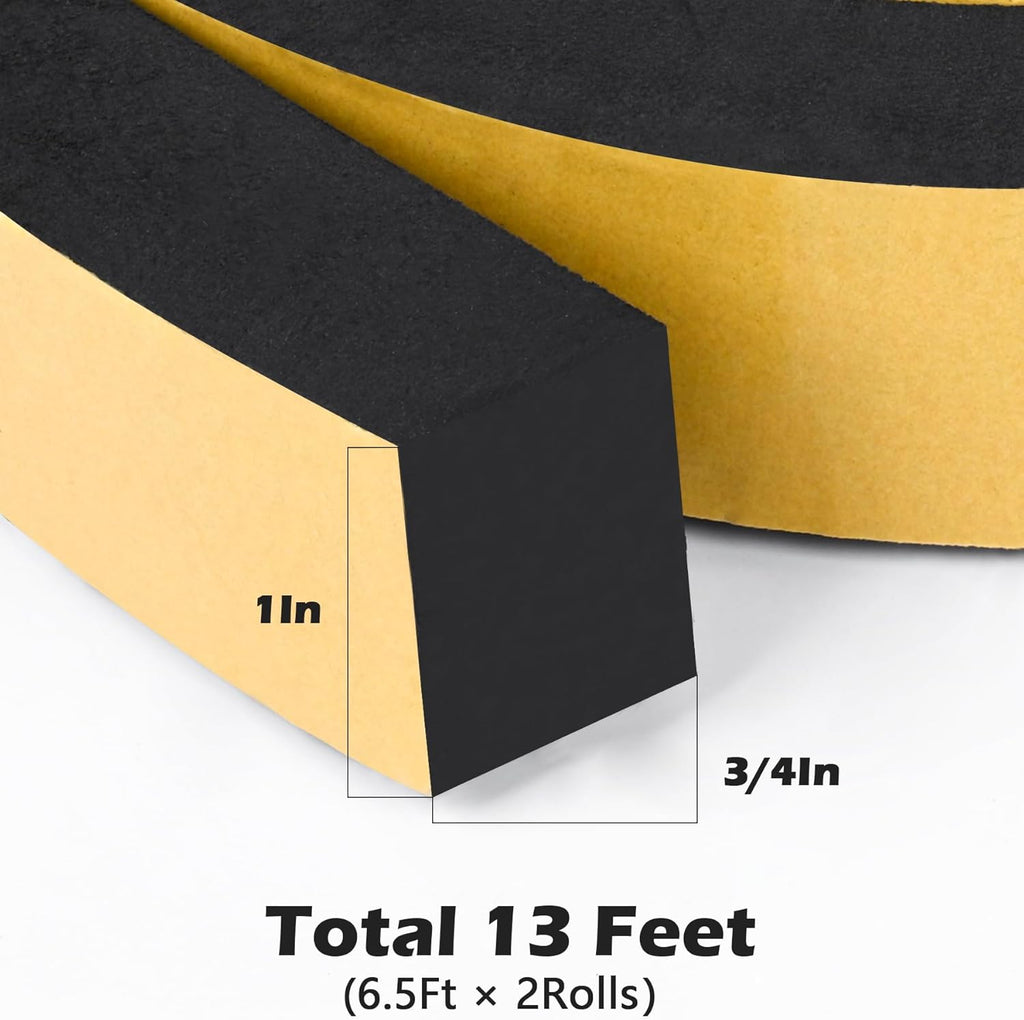 ToLanbbt Black Door Window Weather Stripping Self Adhesive Foam Tape High Density Foam Sealing Strip Window Insulation Weatherproof Gasket Tape 1" Wide X 3/4" Thick, 6.5 Ft X 2 Rolls, Total 13 Feet