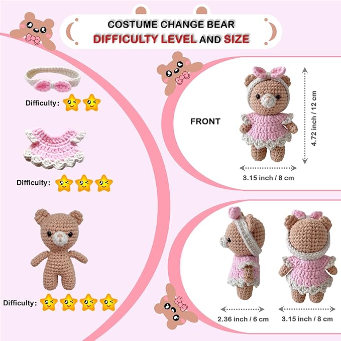 LoopMap Crochet Kit for Beginners - DIY Amigurumi Bear with Removable Dress & Accessories - Step-by-Step Video Tutorials, Extra Yarn, Crochet Tools, Handmade Gift for Kids & Adults (Bear K01, Pink)