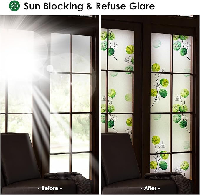 DKTIE Eucalyptus Leaves Stained Glass Window Film with Installation Tools, INS Style Window Privacy Film Decorative, Nordic Style for Home Decor (S541, 35.4'' x 78.7'')