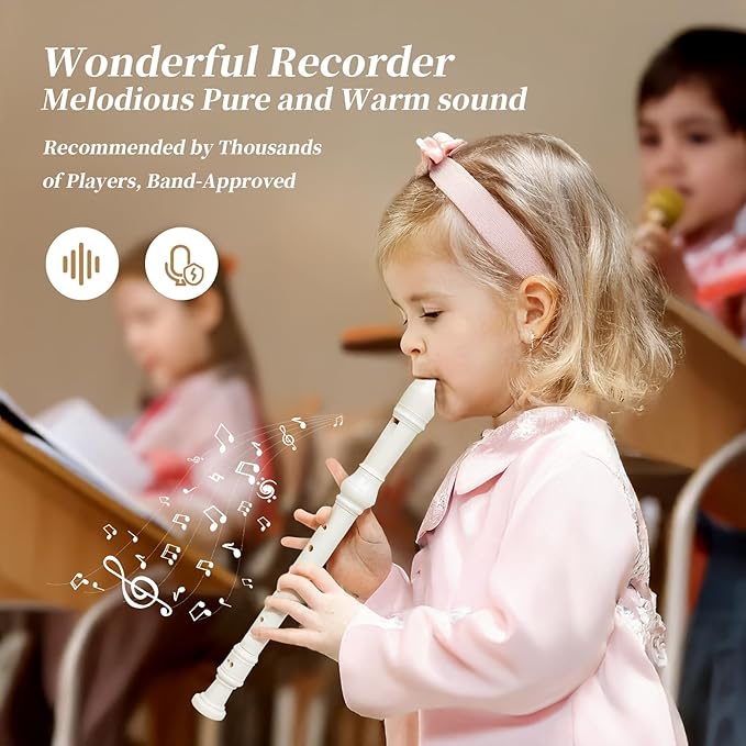 Soprano Recorder for Kids Beginners, German Fingering, C Key, 3 Piece with Cleaning Rod, Bag, Fingering Chart (White)…