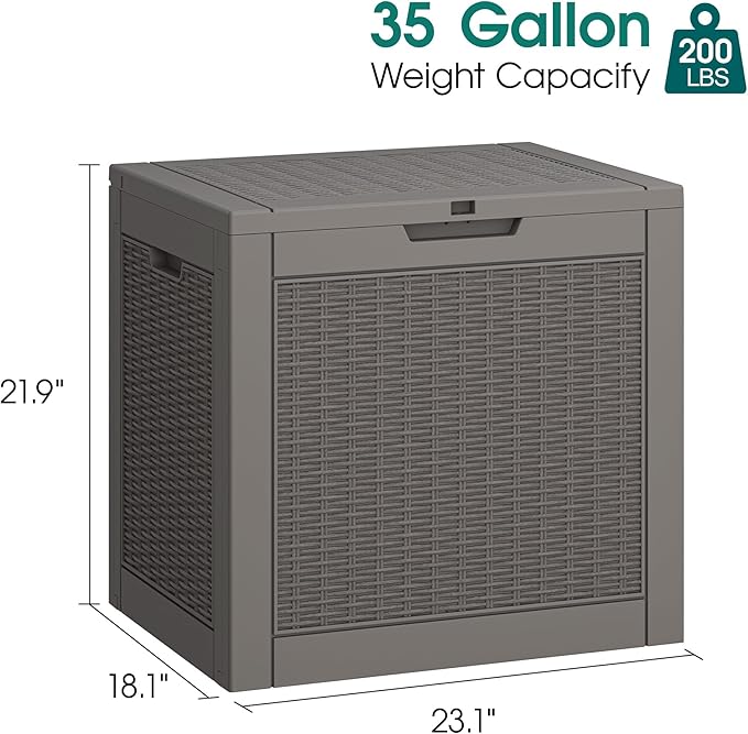 Outdoor Storage Box, Resin Deck Boxes Indoor and outdoor, Waterproof Storage Box Lockable Lid (Grey, 35 Gallon)